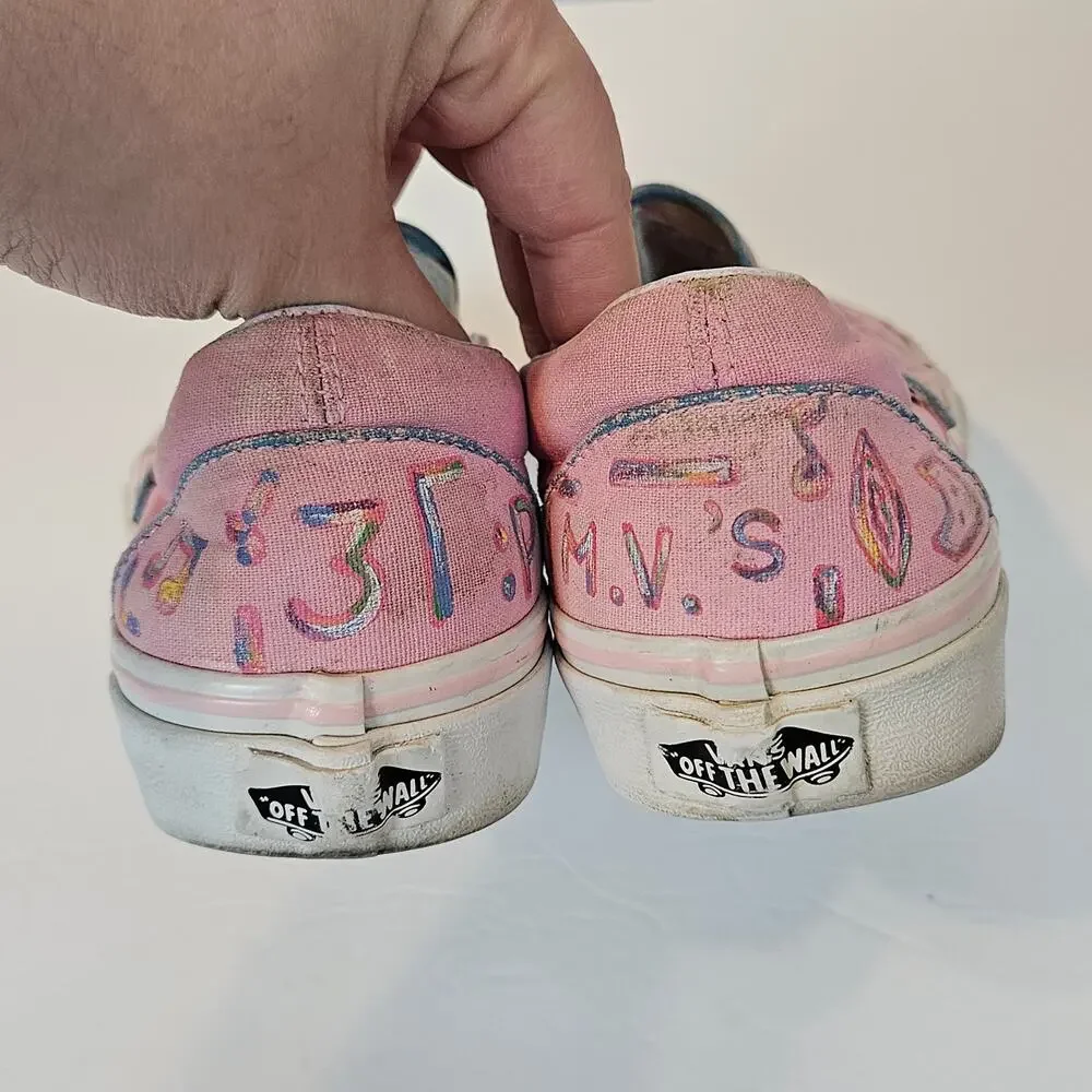 Vans Classic Slip On Shoe Sneaker Hand Painted Upcycle Light Pink‎ Women's 6.5